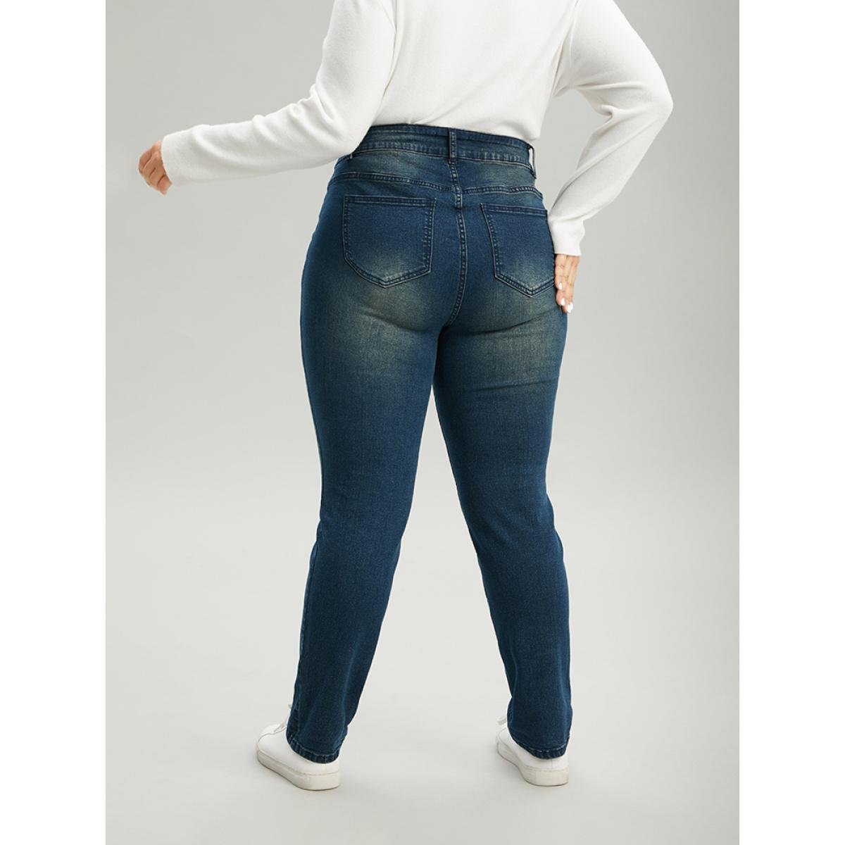 Plus Size Very Stretchy Straight Leg Roll Hem Jeans Women Aegean Casual Plain Plain High stretch Pocket Jeans BloomChic 22/3X Product Image