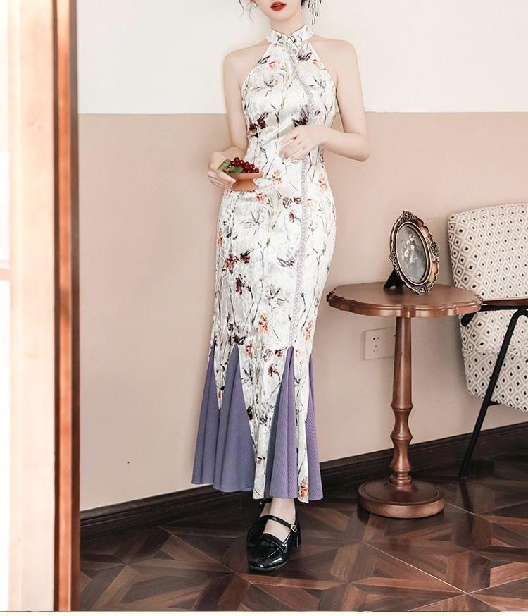 Set: Sleeveless Mandarin Collar Floral Print Panel Maxi Mermaid Dress + Long Sleeve One Shoulder Plain Plain Crop Top Product Image