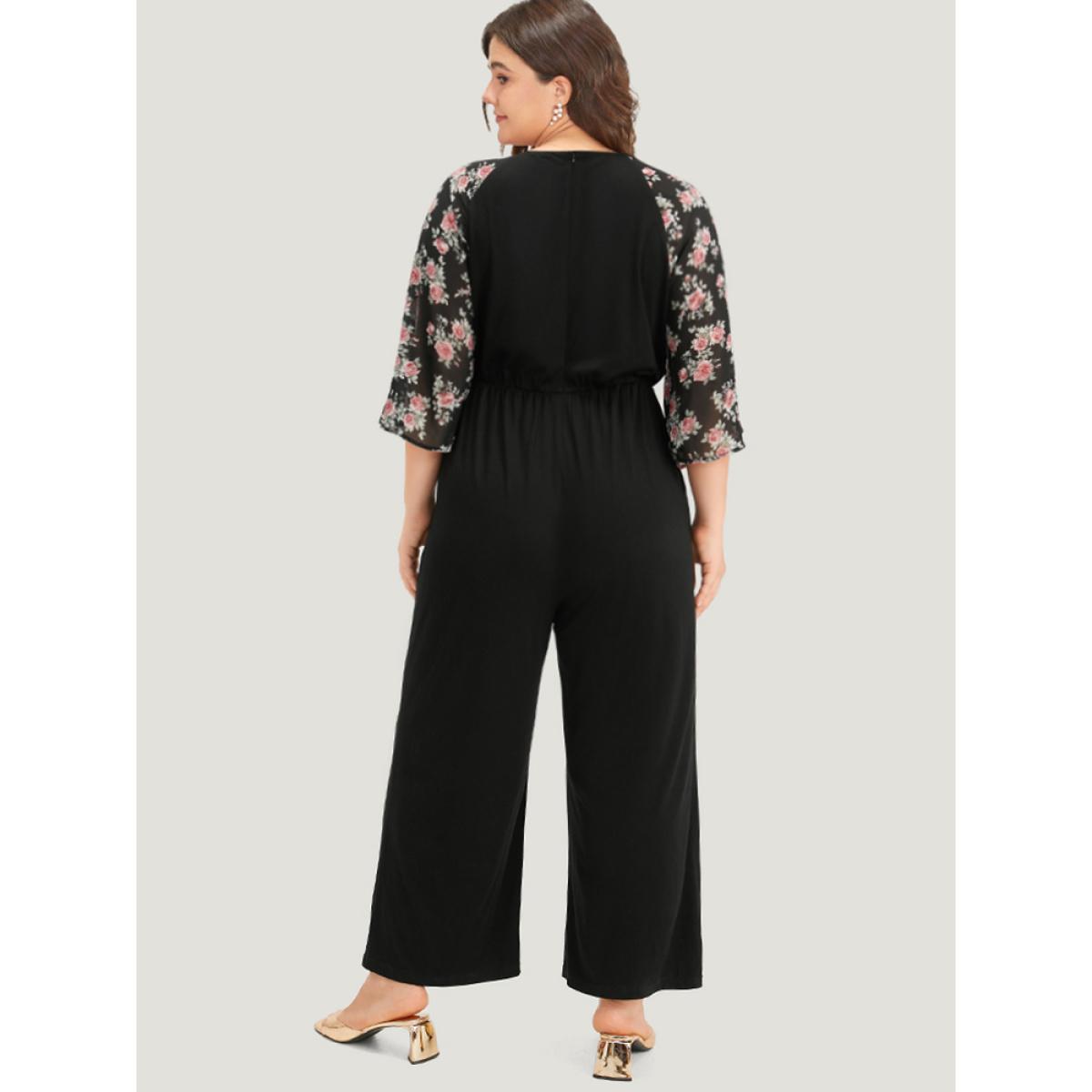 Plus Size BlackFlower Floral Print Ruffles V Neck Raglan Sleeve Jumpsuit Women Elegant Elbow-length sleeve V-neck Dailywear Loose Jumpsuits BloomChic 18-20/2X Product Image