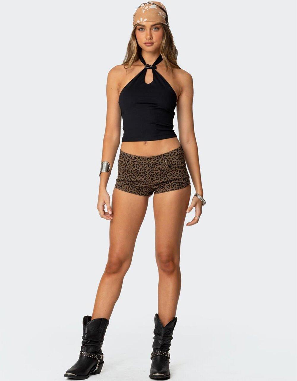EDIKTED Leopard Printed Micro Denim Shorts Product Image