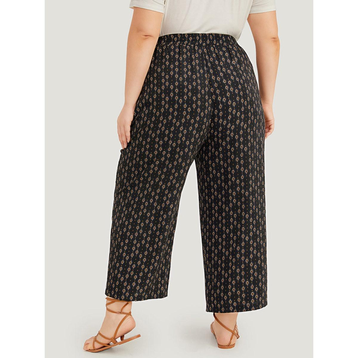 Plus Size Boho Print Pocket Elastic Waist Pants Women Black Casual High Rise Dailywear Pants BloomChic 22-24/3X Product Image