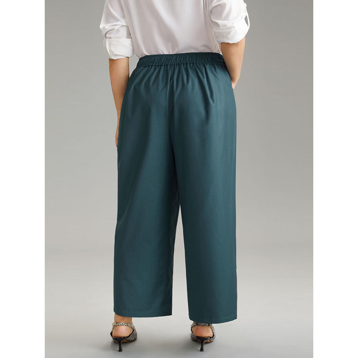 Plus Size Elastic Waist Solid Pocket Straight Leg Pants Women Cyan Office Straight Leg High Rise Dailywear Pants BloomChic 18-20/2X Product Image