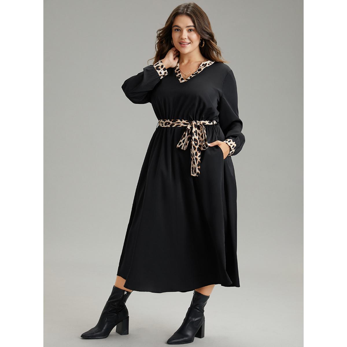 Plus Size Leopard Patchwork Pocket Belted Notched Dress Black Women Office Patchwork Notched collar Long Sleeve Curvy Midi Dress BloomChic 26/4X Product Image