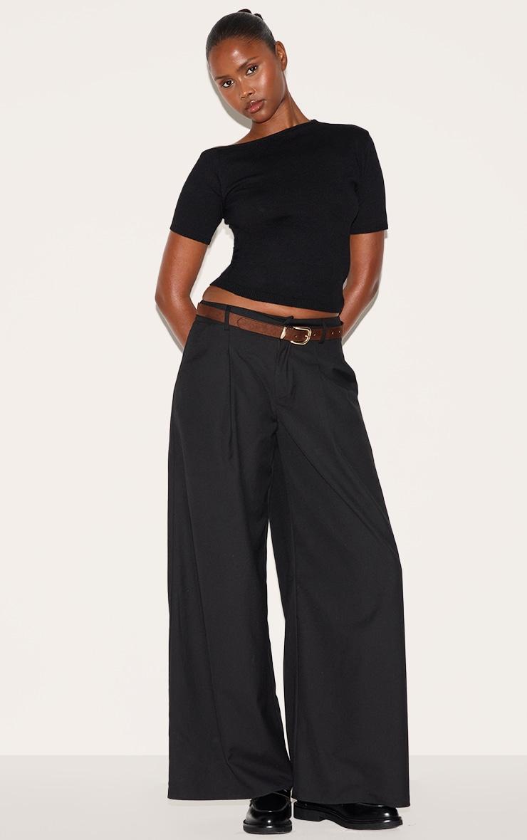 Black Basic Knit Asymmetric Neckline Top Product Image