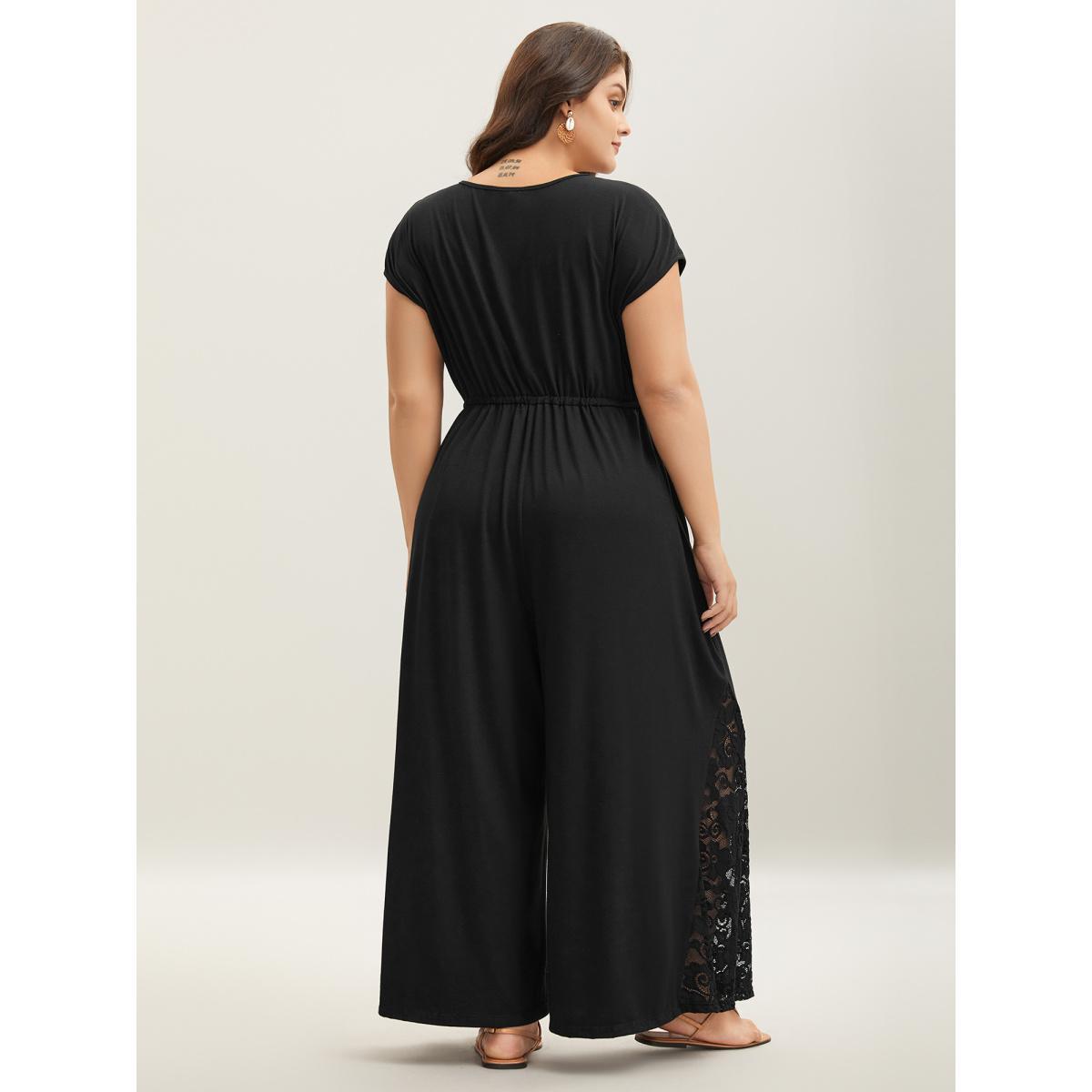 Plus Size Black Very Stretchy Lace Waist-Tie Jumpsuit Women Cap Sleeve V-neck Vacation Loose Jumpsuits BloomChic 30/6X Product Image