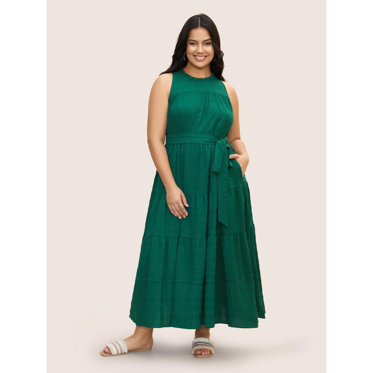 Plus Size Plain Textured A-line Frill Trim Dress Emerald Women Resort Texture Mock Neck Sleeveless Curvy BloomChic 30/6X Product Image