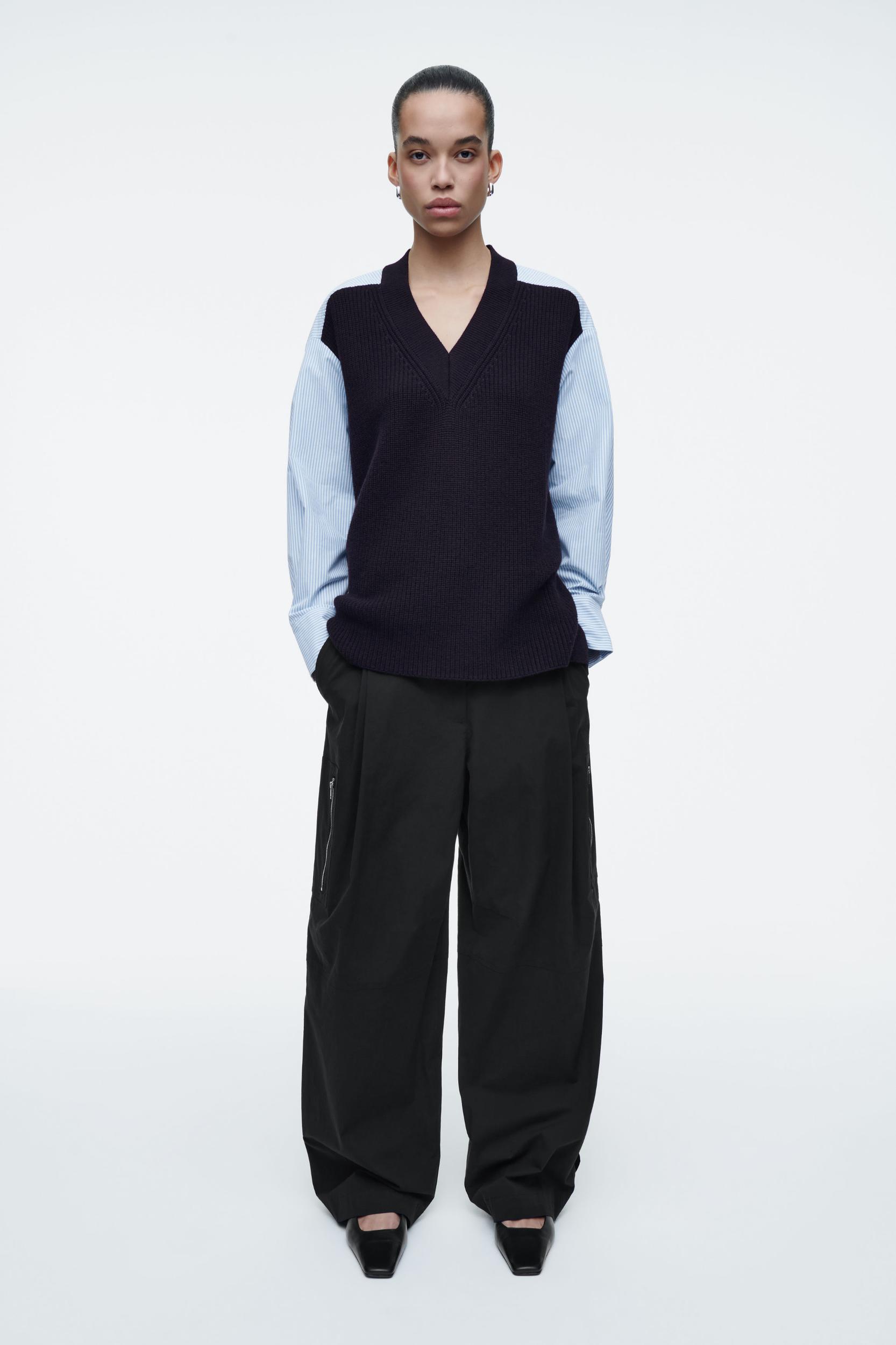 DECONSTRUCTED POPLIN-PANELED WOOL SWEATER Product Image