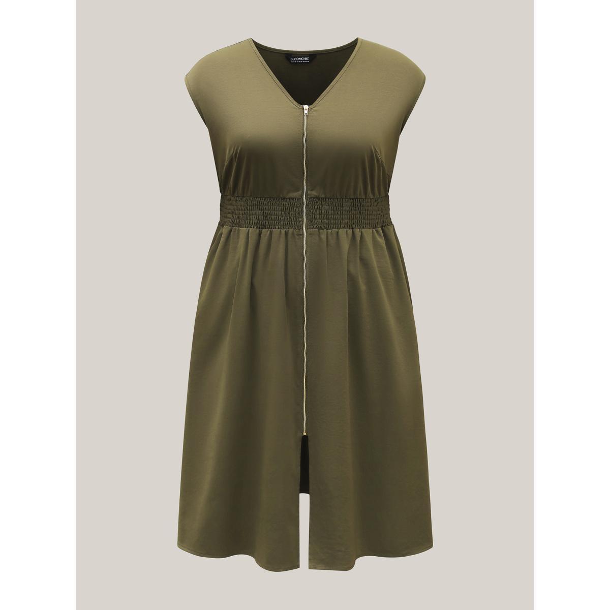 Plus Size Zipper Front Woven A-Line Midi Skirt ArmyGreen Women V-neck Cap Sleeve Curvy BloomChic 22-24/3X Product Image