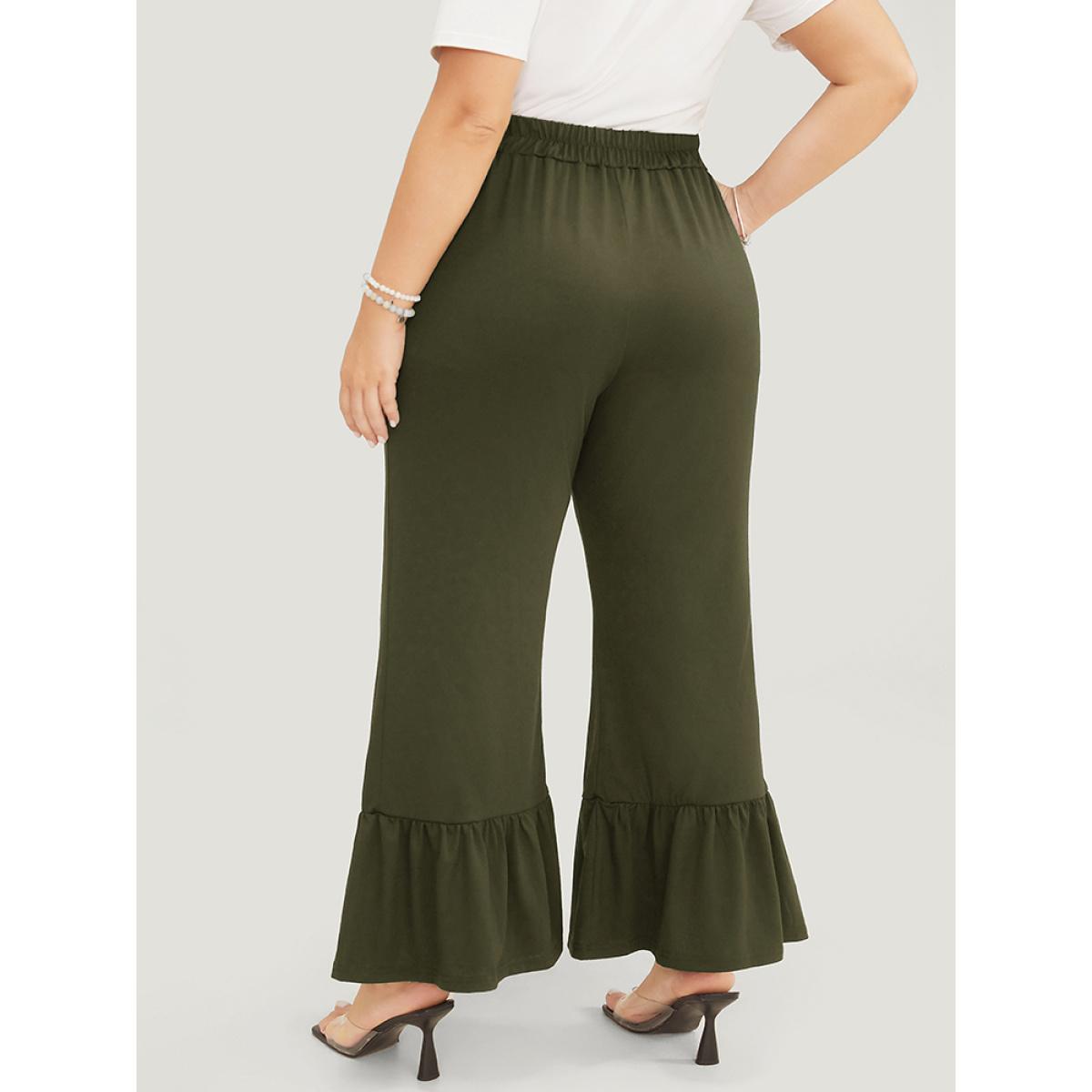 Plus Size Solid Pocket Elastic Waist Flare Leg Pants Women ArmyGreen Casual Mid Rise Dailywear Pants BloomChic 26/4X Product Image