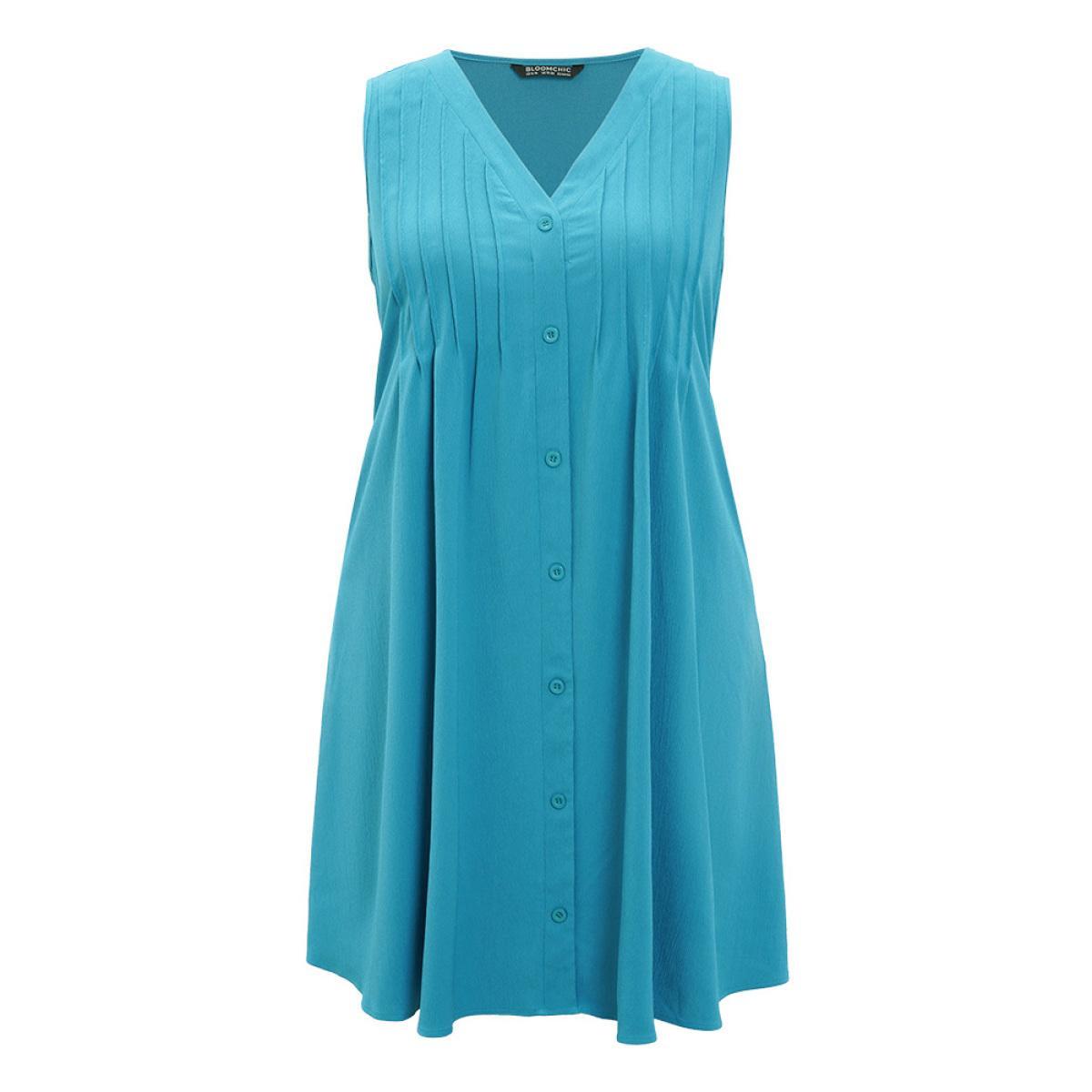 Plus Size Solid Plicated Detail Button Through Tank Dress Cerulean Women Vacation Button V-neck Sleeveless Curvy Knee Dress BloomChic 30/6X Product Image