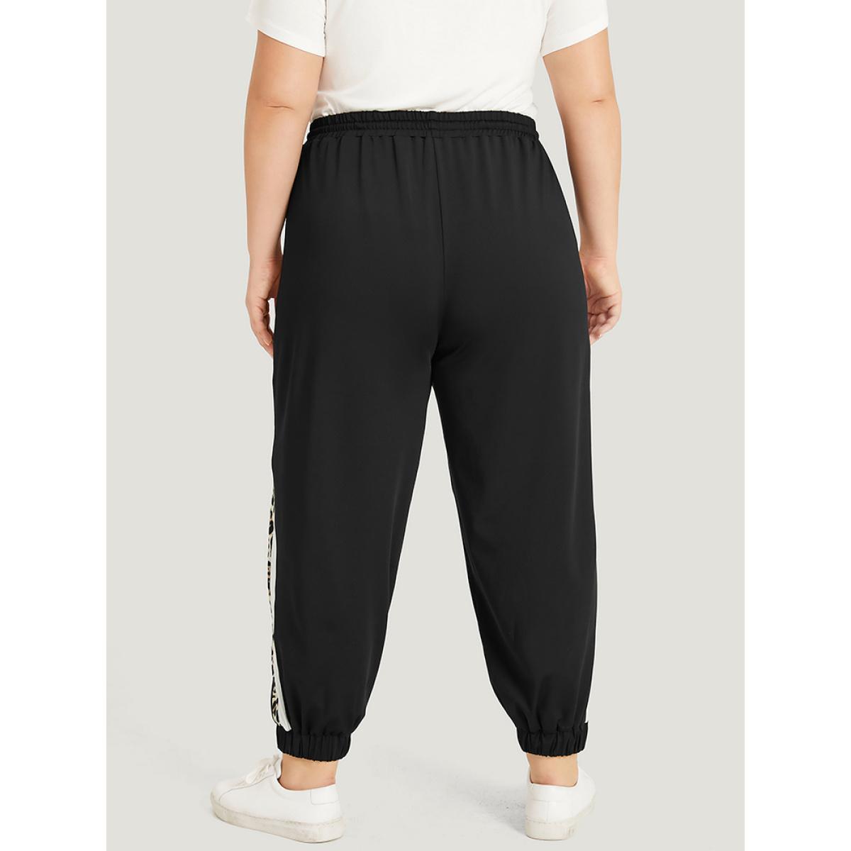 Patchwork Leopard Pocket Drawstring Elastic Waist Sweatpants Black Plus Size Women Casual Dailywear Patchwork 12/L Bloomchic Product Image