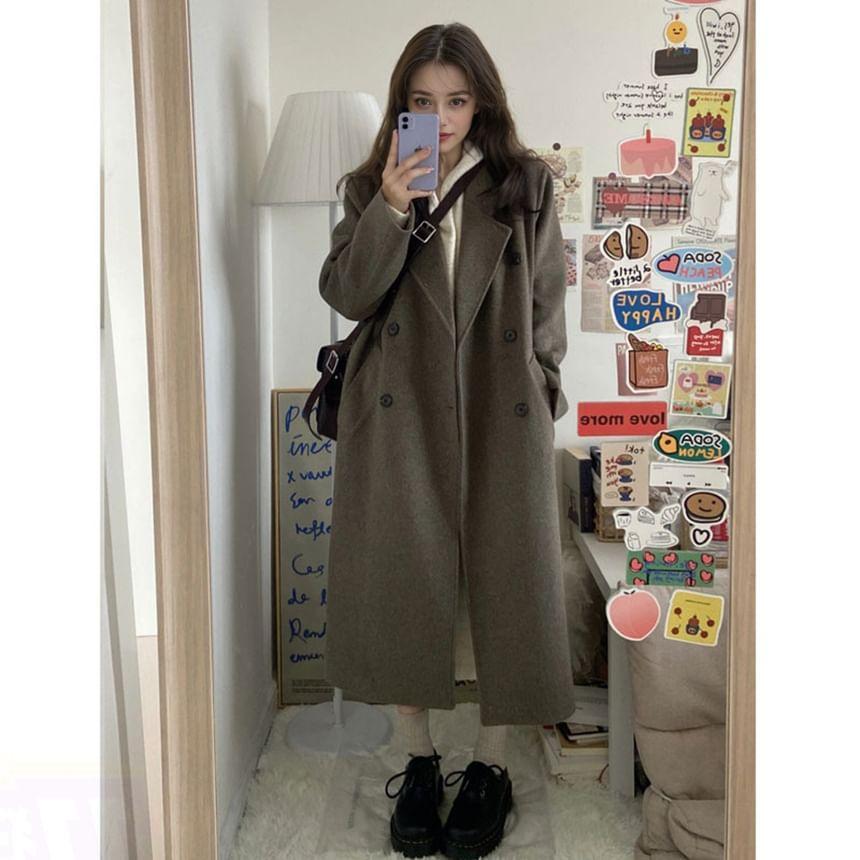 Lapel Collar Plain Double-Breasted Long Coat Product Image