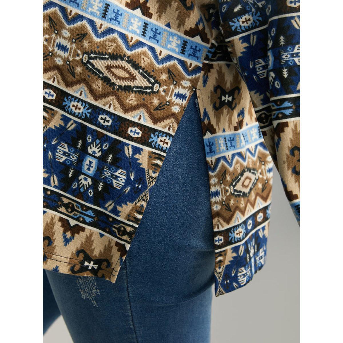 Plus Size Bandana Print Turtleneck Split Hem T-shirt Indigo Women Casual Printed Bohemian Print Turtleneck Dailywear T-shirts BloomChic 12/L Product Image