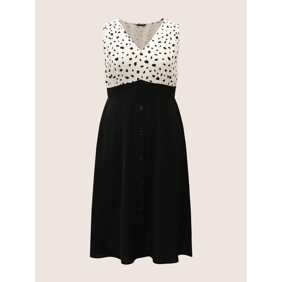 Plus Size Leopard Print Patchwork Pleated Sleeveless Dress White Women At the Office Pleated V-neck Sleeveless Curvy BloomChic 14-16/1X Product Image