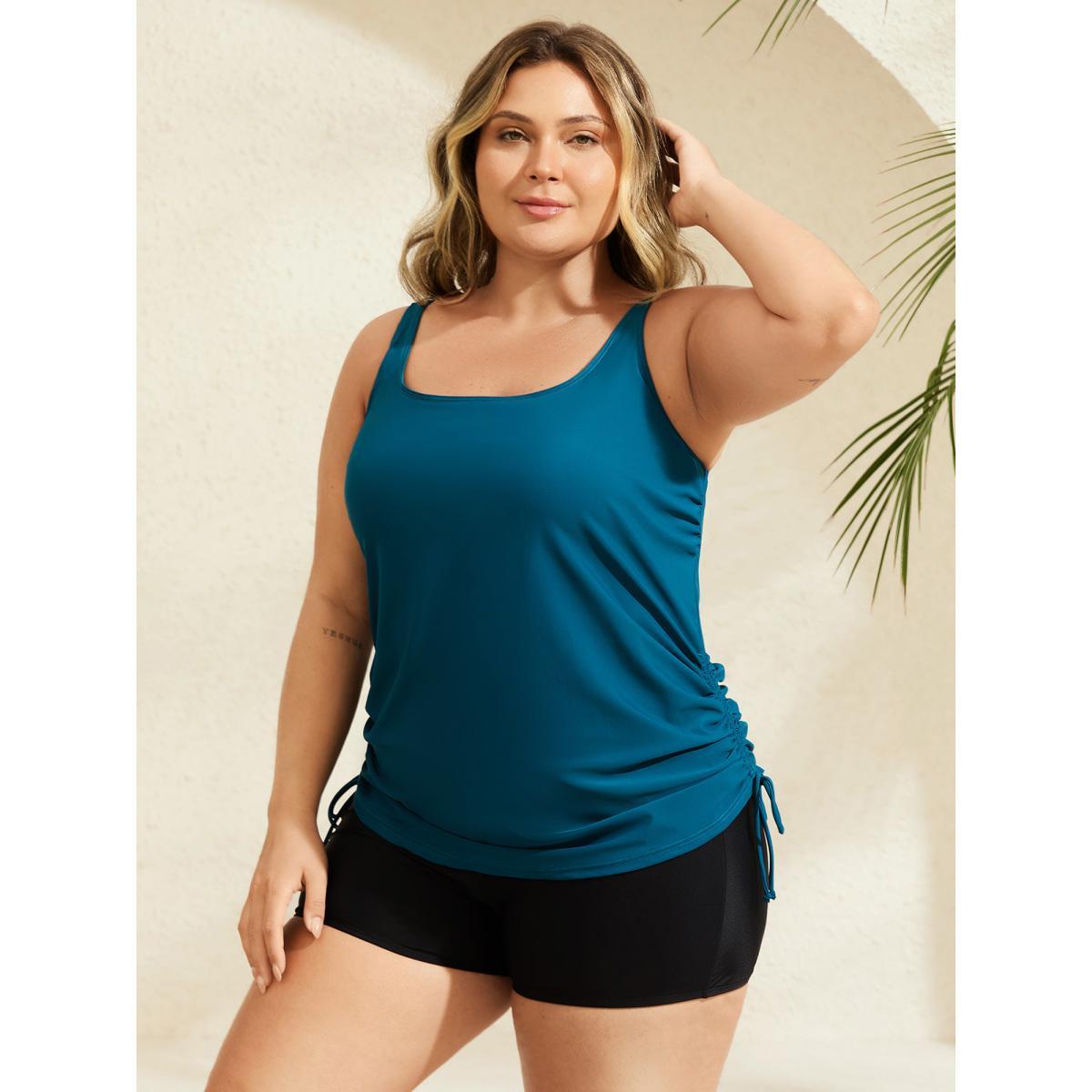 Plus Size Side Drawstrings Plain Swim Tankini Women's Swimwear Cyan Beach Drawstring High stretch Skinny U-neck Curve Swim Tops BloomChic 28/5X Product Image