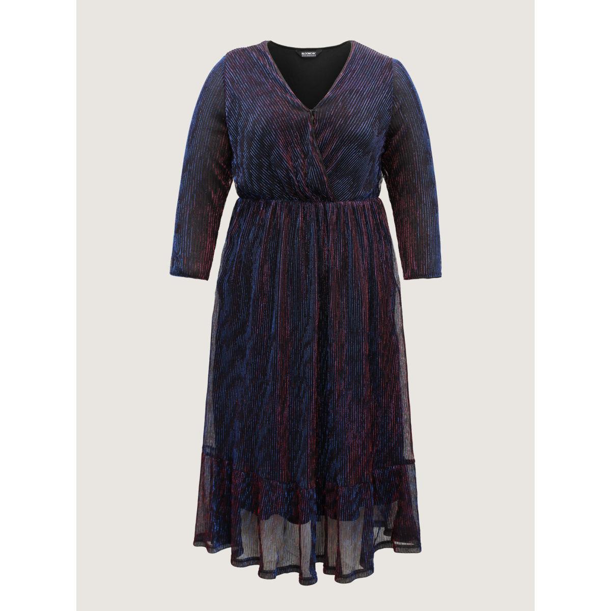 Plus Size Luxe Mesh Pleated Elastic Waist Wrap Dress Blackcurrant Women Party Texture Overlap Collar Elbow-length sleeve Curvy Midi Dress BloomChic 30/6X Product Image