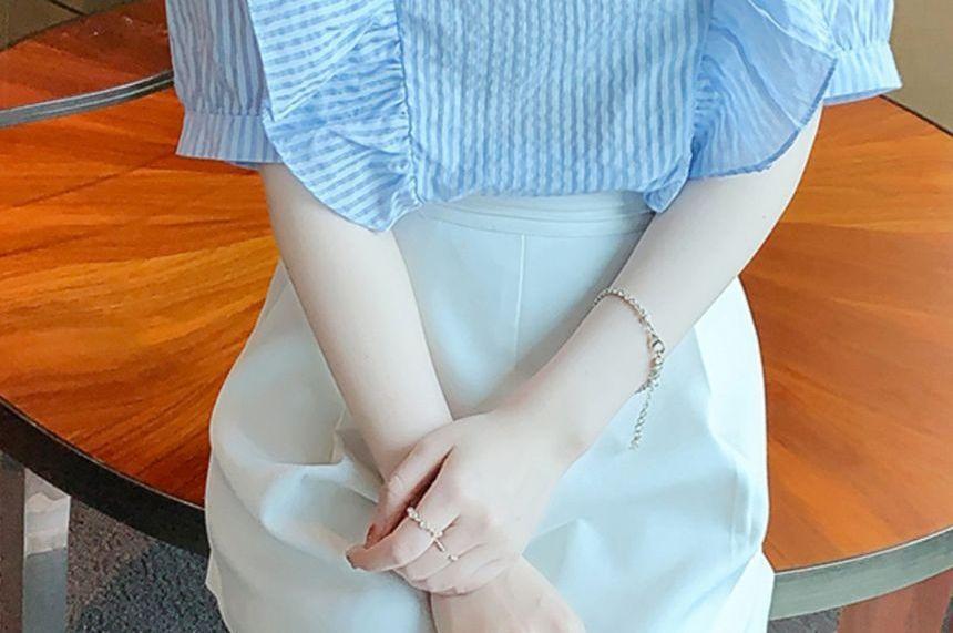 Elbow-Sleeve Striped Ruffle Blouse Product Image