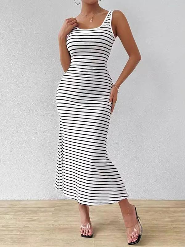 Bodycon Sleeveless Split-Joint Striped U-Neck Midi Dresses Product Image
