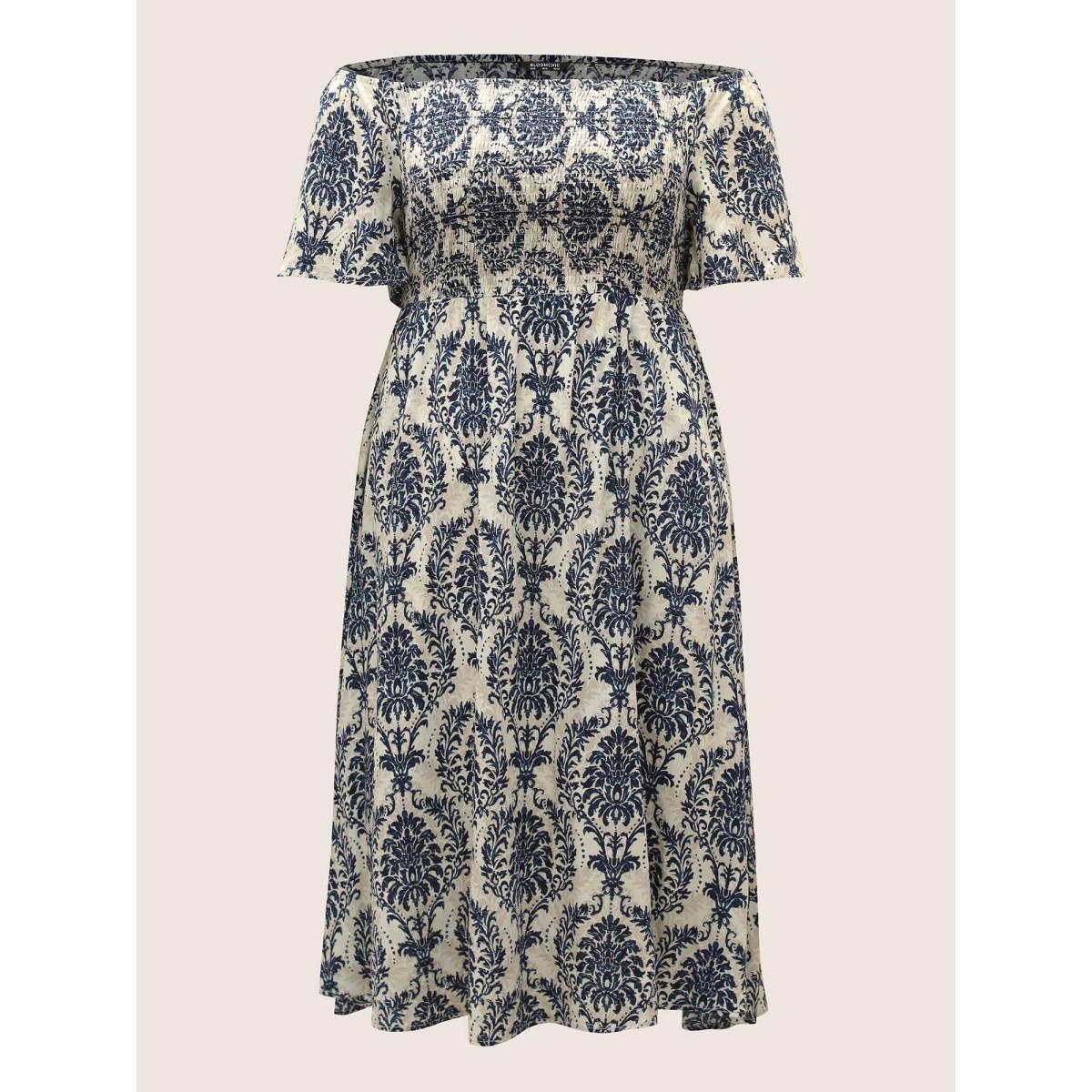 Plus Size Bandana Print Shirred Off Shoulder Dress DarkBlue Women Resort Non One-shoulder neck Short sleeve Curvy Midi Dress BloomChic 12/L Product Image