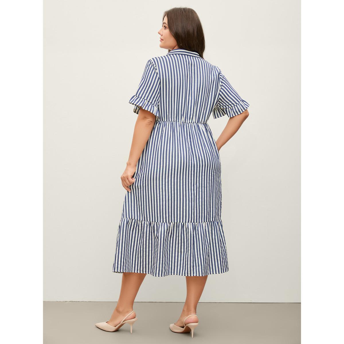 Plus Size Striped Tie-Front Midi Shirt Dress DarkBlue Women Shirt collar Short sleeve Curvy BloomChic 10/M Product Image