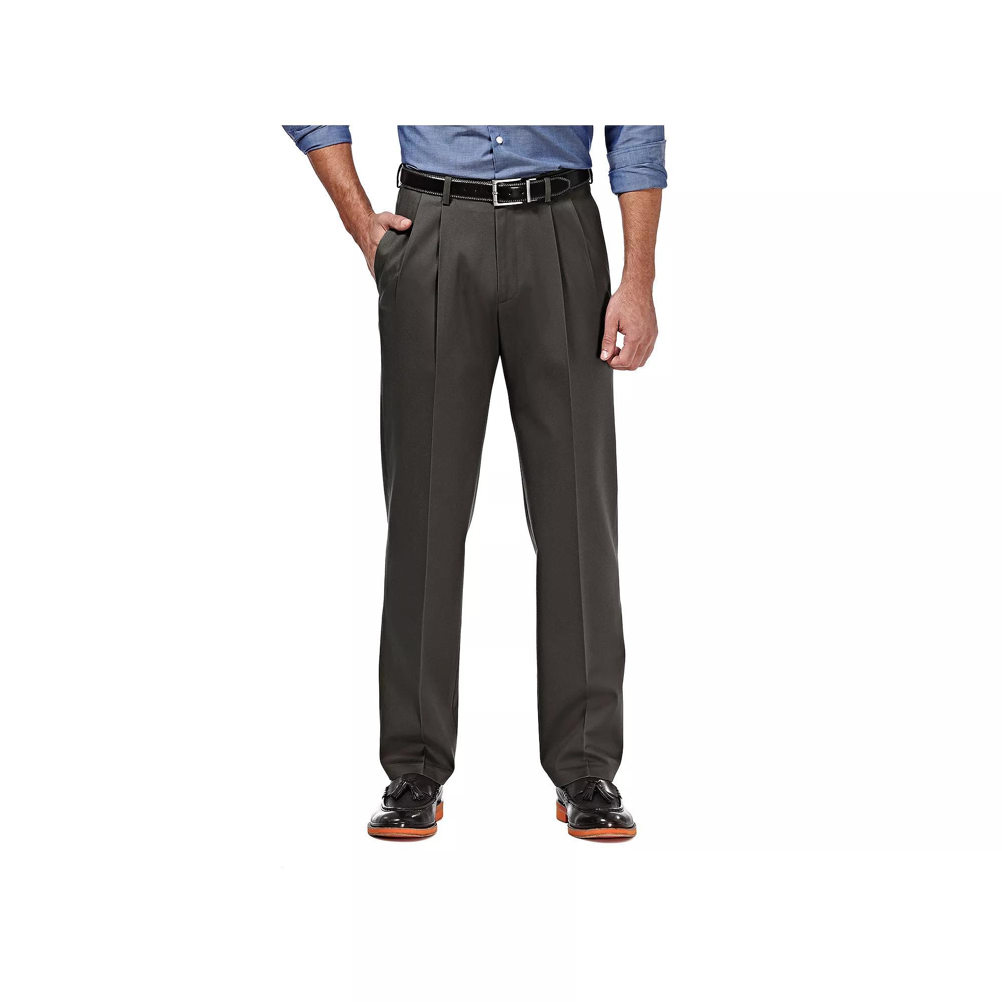 Mens Haggar Premium No-Iron Khaki Stretch Classic-Fit Pleated Expandable Waist Pants, Mens Product Image