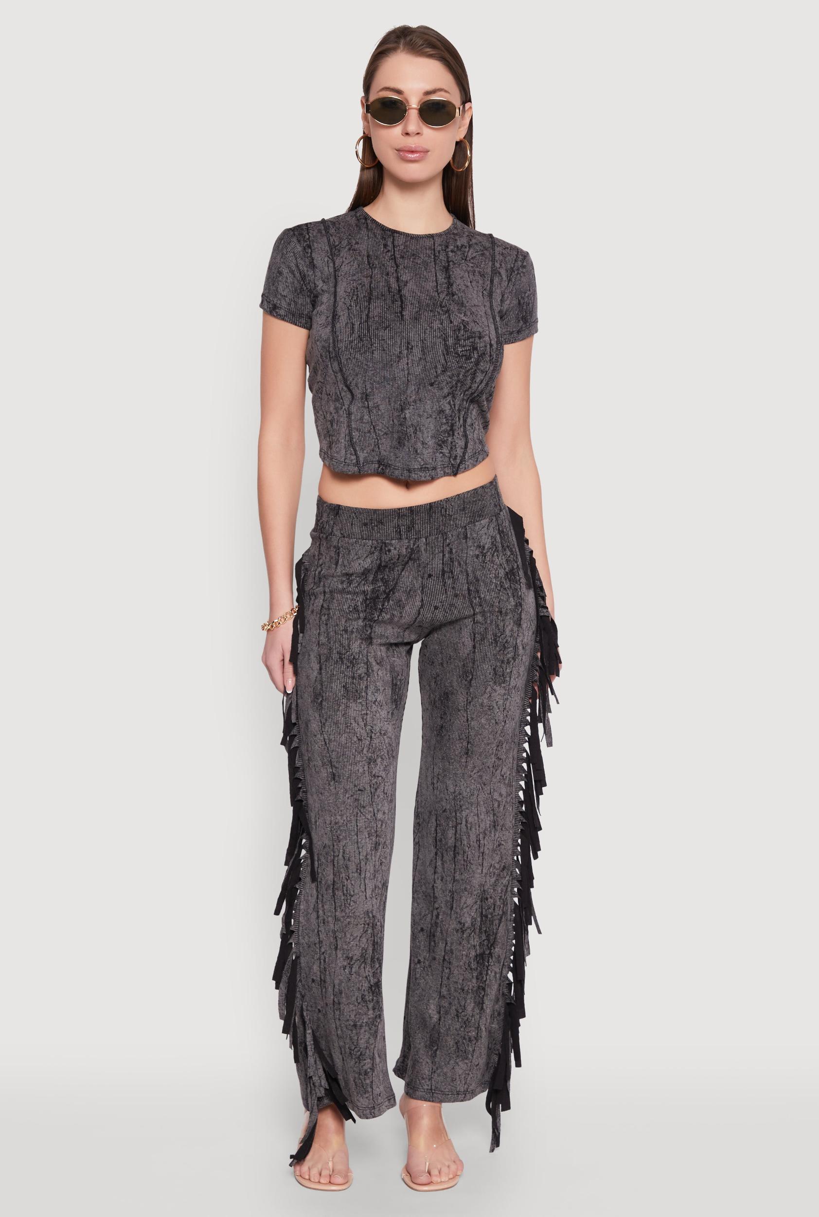 Womens Mineral Wash Rib Knit Fringe Pants Product Image