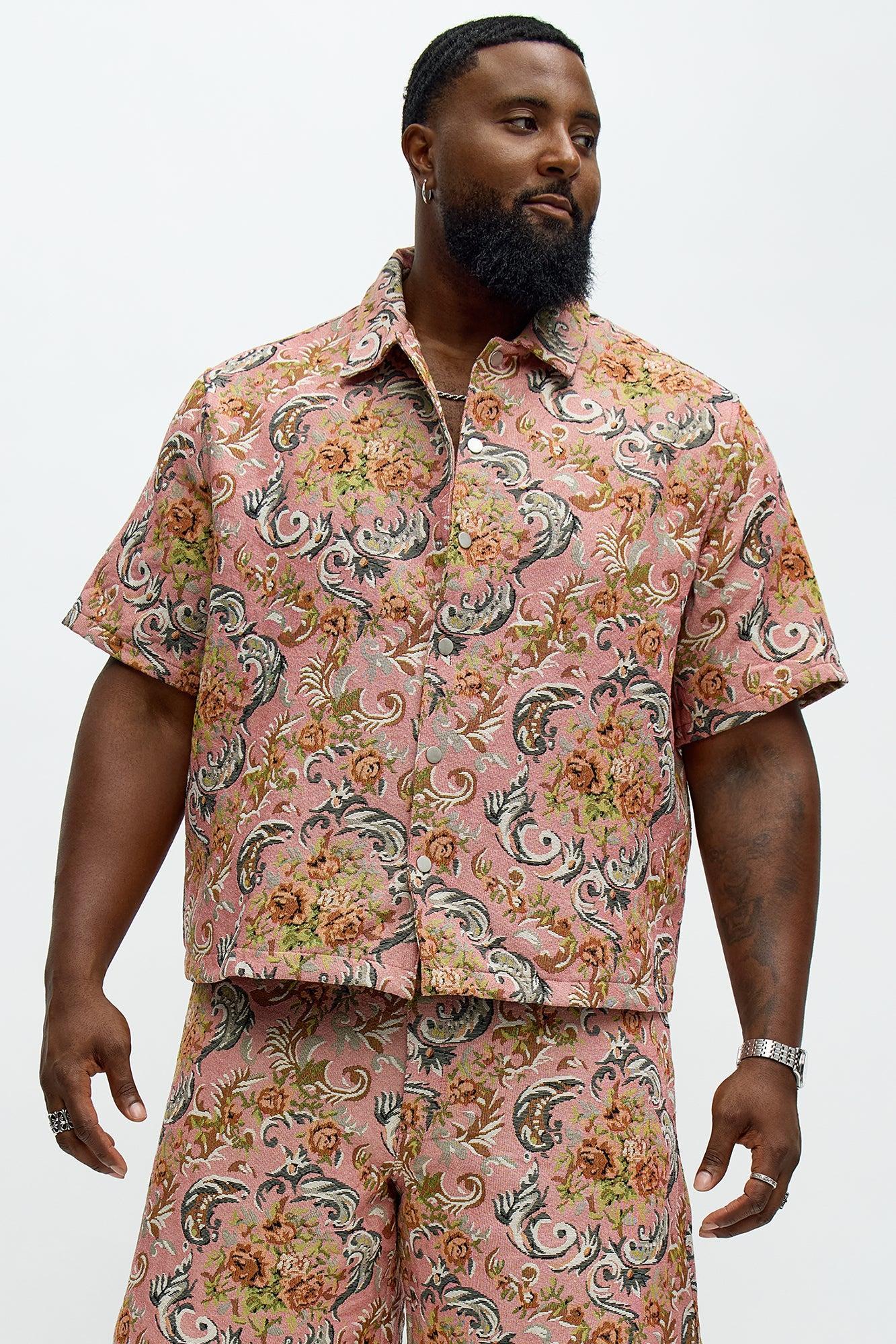 Rose Pattern Tapestry Closed Collar Button Up Shirt - Pink/combo Male Product Image