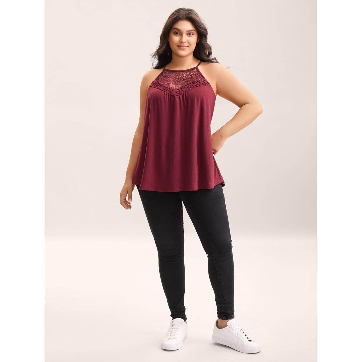 Plus Size Lace Cut-Out Pleated Tank Top Women Deepred Woven ribbon&lace trim Halter neck Everyday-Casual Tank Tops Camis BloomChic 12/L Product Image