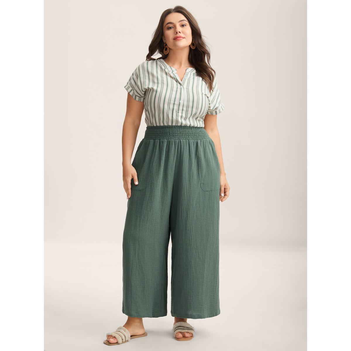 Plus Size Cotton Shirred Textured Wide-Leg Pants Women Teal Resort Wide Leg Mid Rise Vacation Pants BloomChic 22-24/3X Product Image