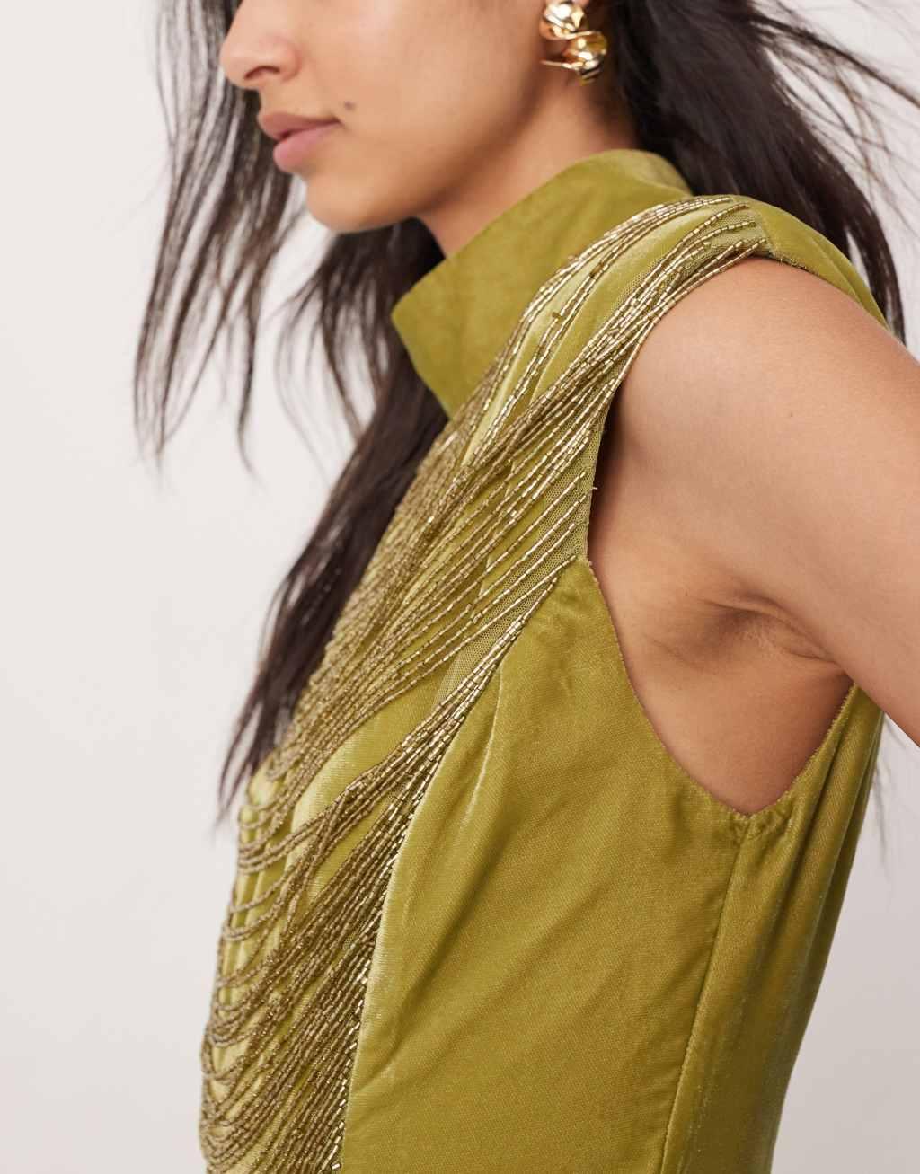 ASOS EDITION velvet embellished contour draped fringe high neck mini dress in olive green Product Image