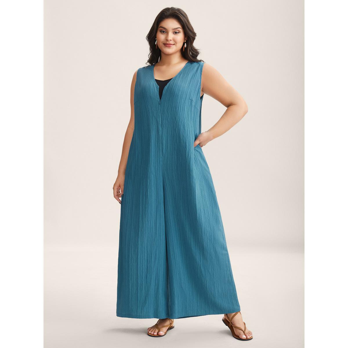 Plus Size Cerulean Back Cut-Out Textured Jumpsuit Women Sleeveless V-neck Vacation Loose Jumpsuits BloomChic 22-24/3X Product Image