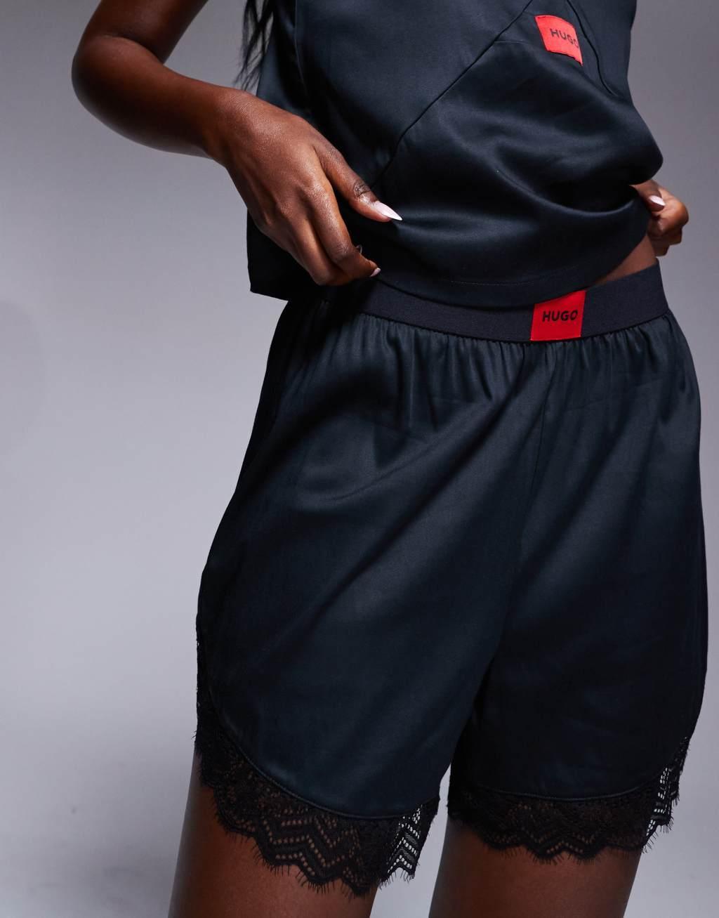 HUGO Bodywear satin lace trim pajama short in black - part of a set Product Image