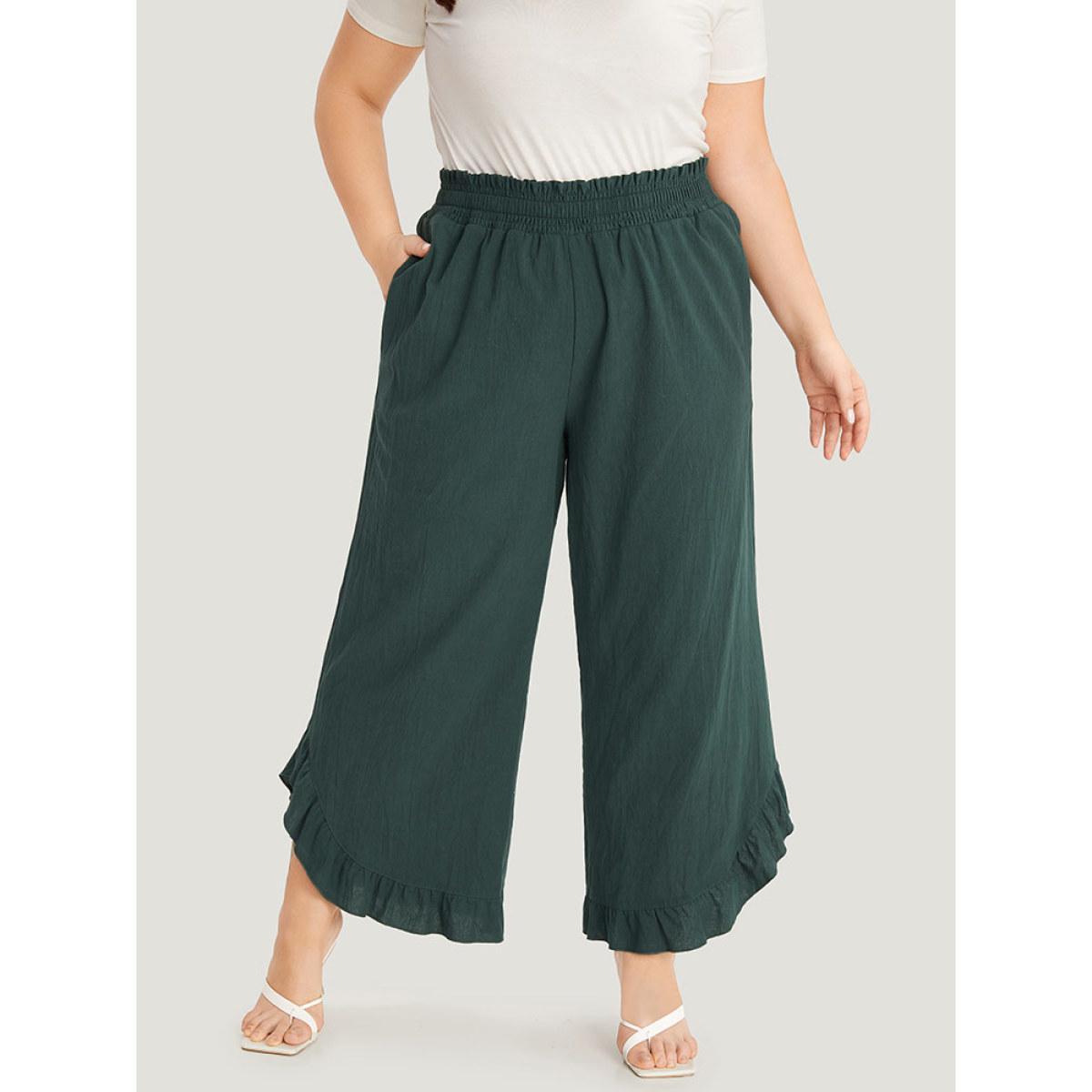 Plus Size Solid Ruffle Trim Pocket Paperbag Waist Pants Women DarkGreen Elegant Wide Leg Mid Rise Dailywear Pants BloomChic 18-20/2X Product Image