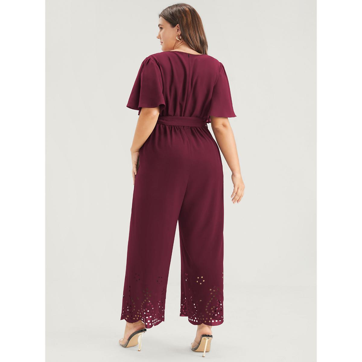 Plus Size Maroon Plain Scalloped Pocket Ruffles Button Belted Laser Cut Wrap Jumpsuit Women Elegant Short sleeve V-neck Dailywear Loose Jumpsuits BloomChic 12/L Product Image