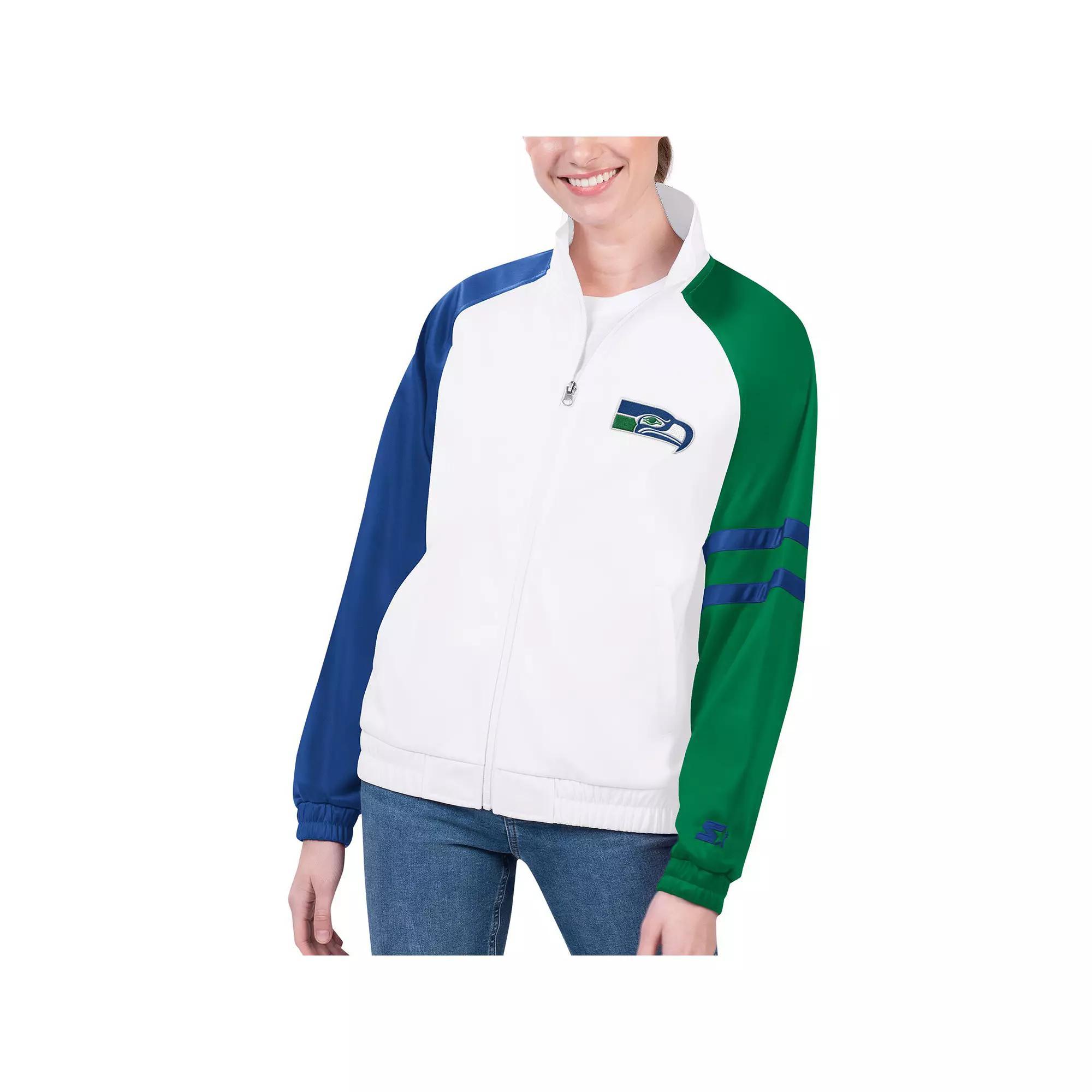 Women's Starter White Seattle Seahawks Curve Ball Raglan Full-Zip Track Jacket, Size: Large Product Image