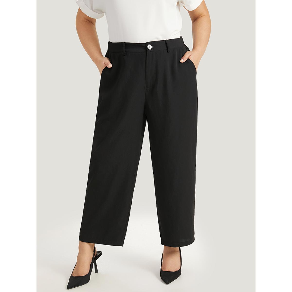 Plus Size Plain Pocket Elastic Waist High Rise Pants Women Black Office Straight Leg High Rise Work Pants BloomChic 26/4X Product Image