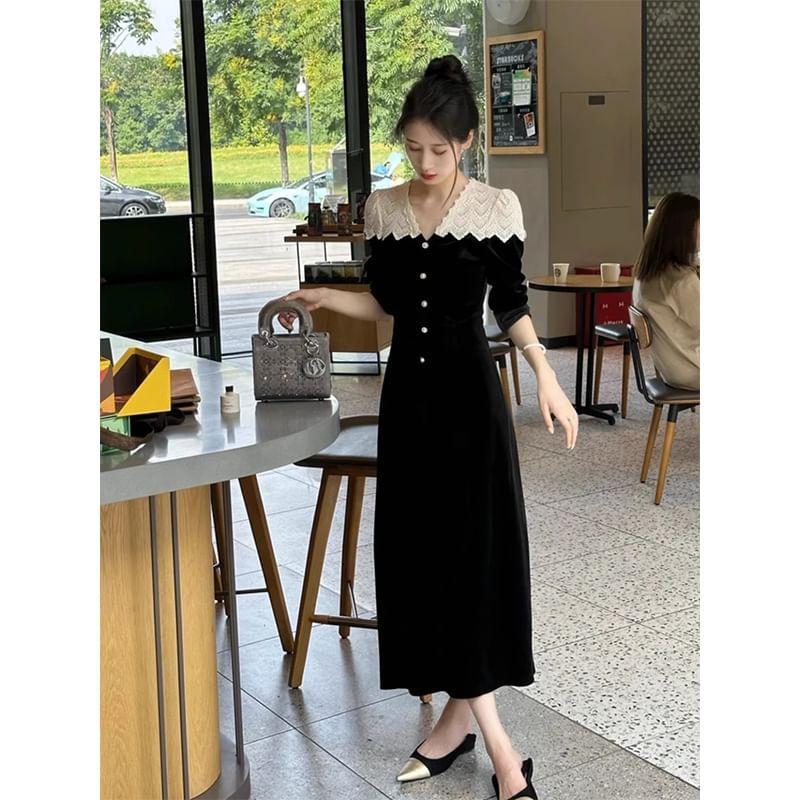 Long Sleeve V-Neck Two Tone Lace Panel Velvet Bodycon Midi Dress Product Image