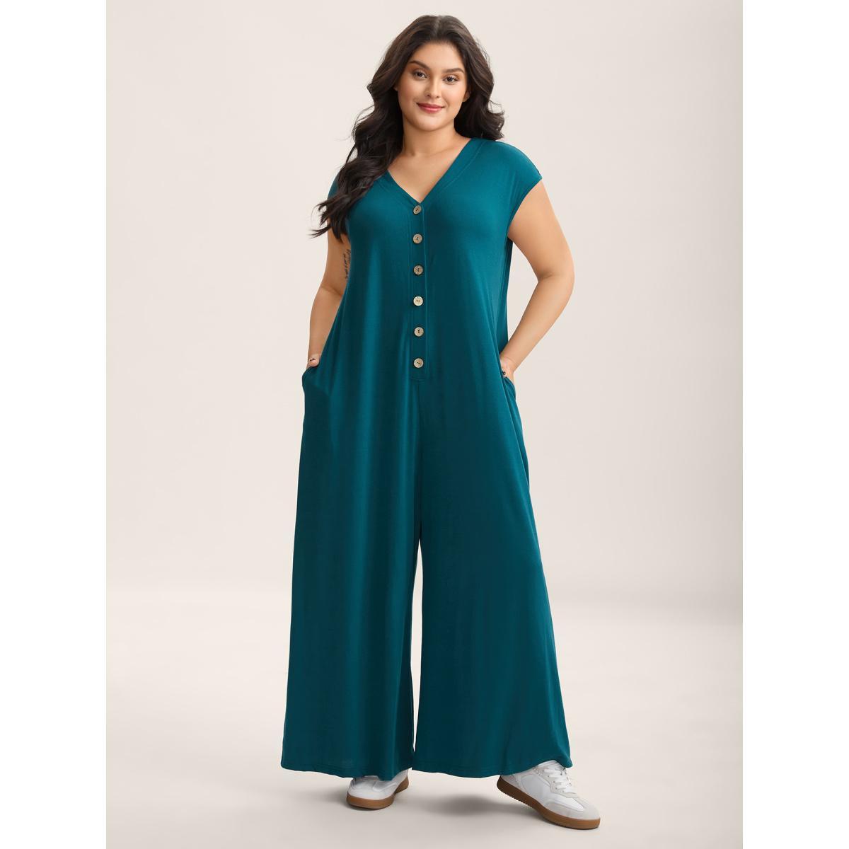 Plus Size Aegean Stretch Button Pockets Solid Jumpsuit Women Sleeveless V-neck Everyday-Casual Loose Jumpsuits BloomChic 18-20/2X Product Image