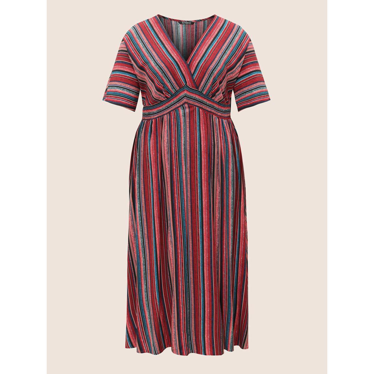 Plus Size Striped Contrast Dolman Sleeve Shirred Pocket Split Flutter Dress Red Women Resort Non V-neck Half Sleeve Curvy BloomChic 30/6X Product Image