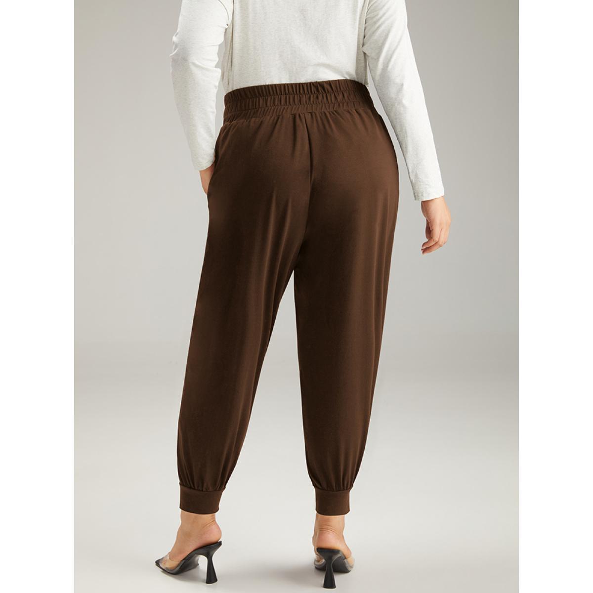 Solid Shirred Pocket Harem Sweatpants DarkBrown Plus Size Women Casual Dailywear Tummy control 22-24/3X Bloomchic Product Image