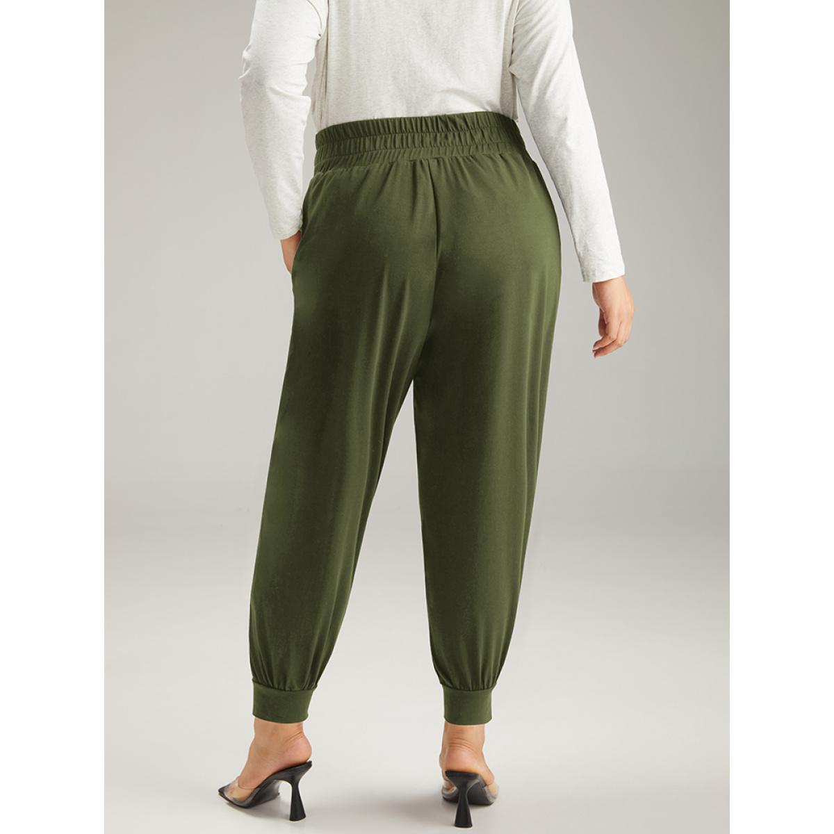 Solid Shirred Pocket Harem Sweatpants ArmyGreen Plus Size Women Casual Dailywear Tummy control 10/M Bloomchic Product Image