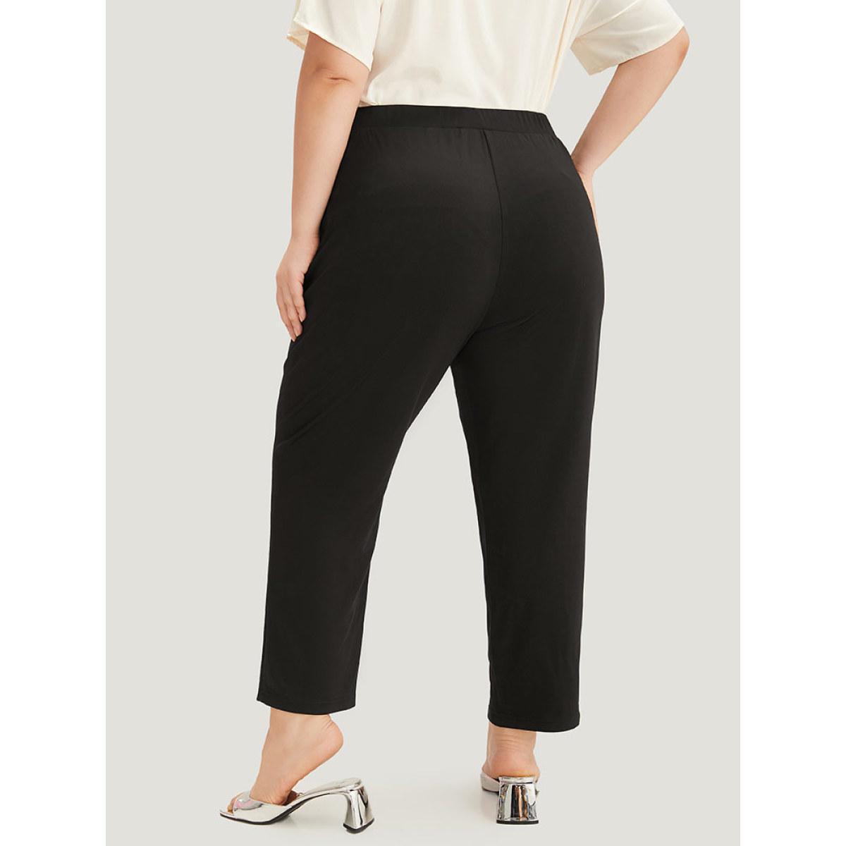 Plus Size Plain Split Hem Pocket Elastic Waist Pants Women Black At the Office High Rise Work Pants BloomChic 18-20/2X Product Image