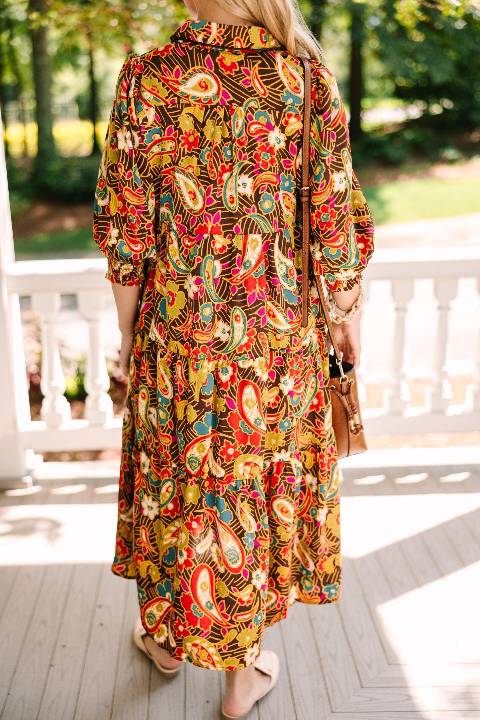 Change Your Mind Mocha Brown Paisley Midi Dress Female Product Image