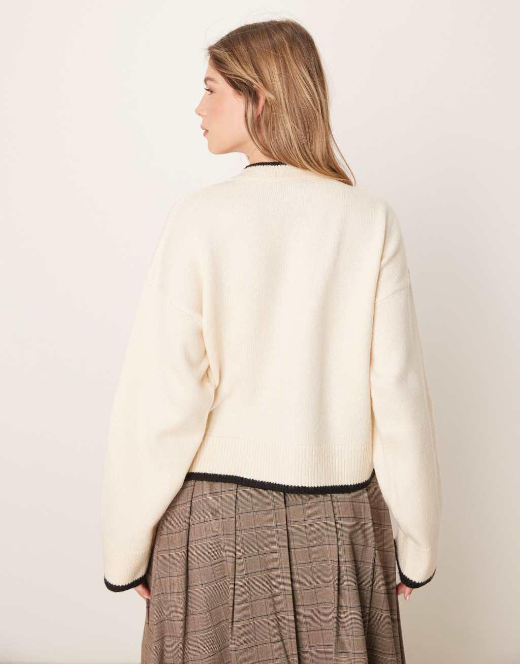 ASOS DESIGN knitted crew neck cardigan with tipping detail in cream Product Image