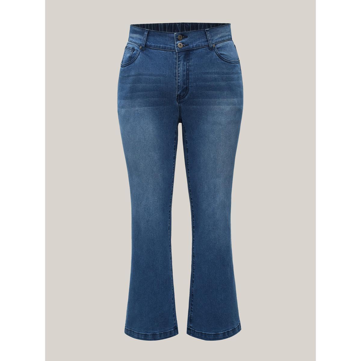 Plus Size Whiskered Stretchy Waist Bootcut Jeans Women Midblue Elegant Button Medium stretch Slanted pocket Jeans BloomChic 10/M Product Image