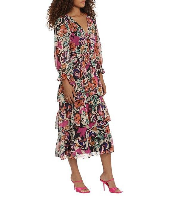 Donna Morgan Printed V Neckline Long Sleeve Tiered Midi Dress Product Image