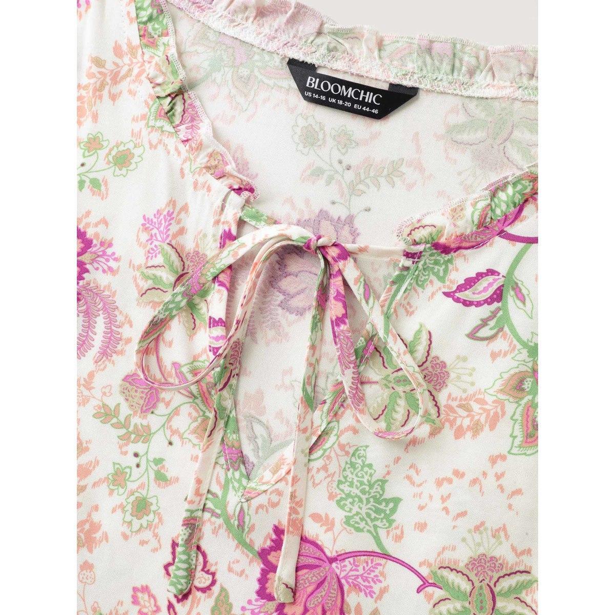 Plus Size Dreamy Floral Neck Tie Tank Top Women Peach Tie knot V-neck Everyday-Casual Tank Tops Camis BloomChic 28/5X Product Image