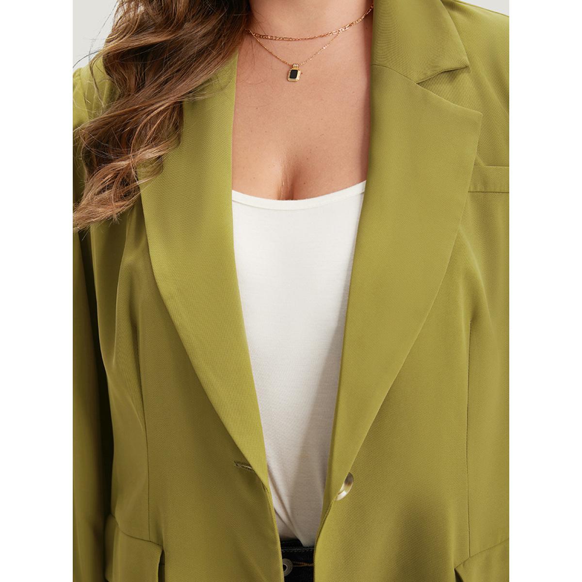 Plus Size Plain Pocket Button Up Suit Collar Blazer Olive Women Dailywear Plain Plain Sleeve Long Sleeve Lapel Collar 22-24/3X Pocket Casual Blazers BloomChic Product Image