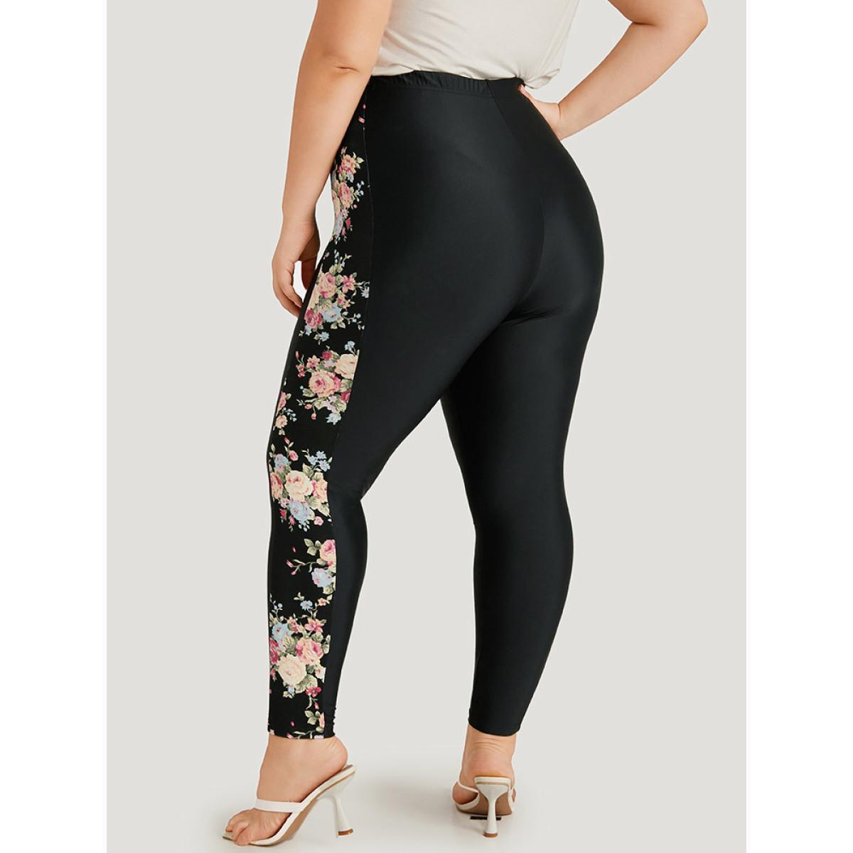 Plus Size Floral Print Elastic Waist High Rise Patchwork Leggings Women Black Elegant High stretch Skinny High Rise Dailywear Leggings BloomChic 14-16/1X Product Image