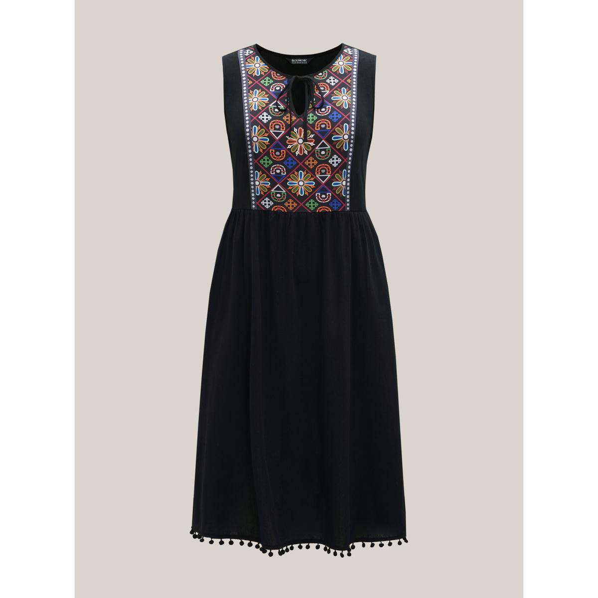 Plus Size Cotton Boho Pattern Neck Tassels Midi Dress Black Women Resort Tie knot Round Neck Sleeveless Curvy BloomChic 14-16/1X Product Image